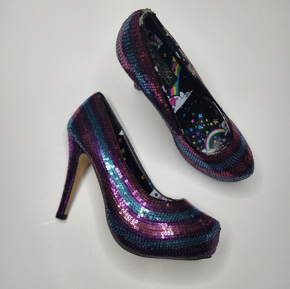 Iron Fist Red Blue & Purple Sequins Stiletto Platform High Heels Size 8 Barbie - Picture 2 of 9